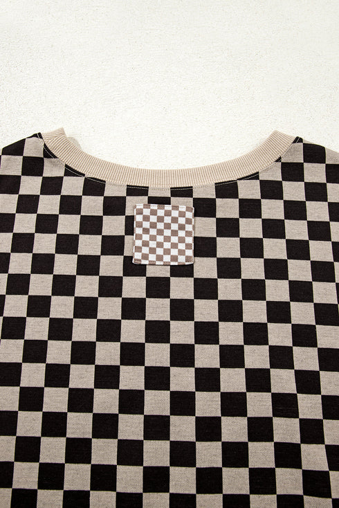 Mixed Checkered Patchwork High Low Long Sleeve Top