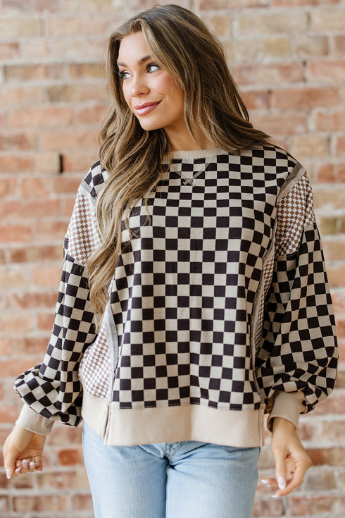 Mixed Checkered Patchwork High Low Long Sleeve Top