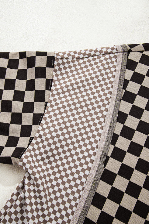 Mixed Checkered Patchwork High Low Long Sleeve Top