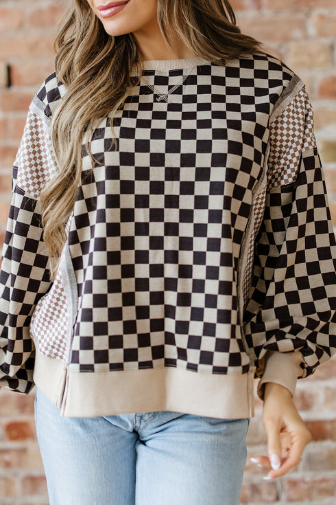 Mixed Checkered Patchwork High Low Long Sleeve Top