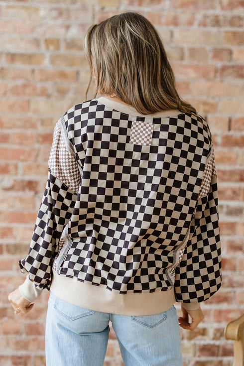 Mixed Checkered Patchwork High Low Long Sleeve Top