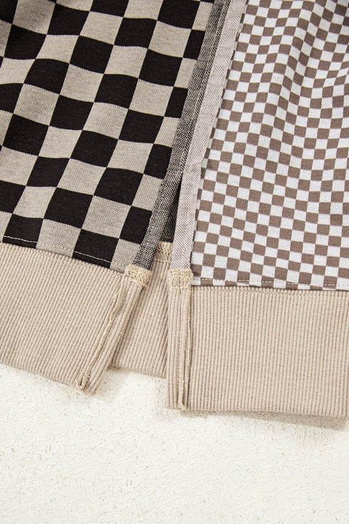 Mixed Checkered Patchwork High Low Long Sleeve Top