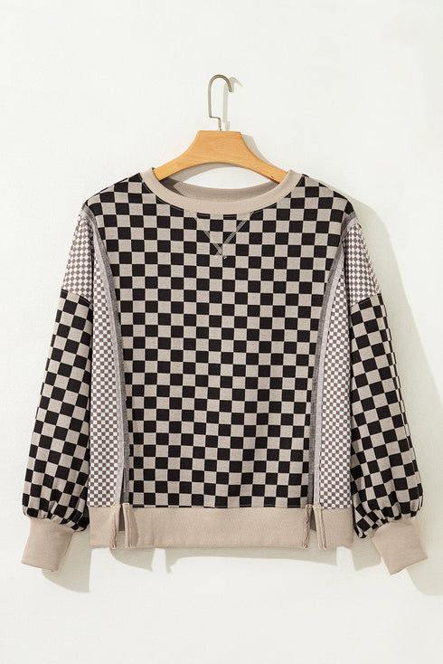 Mixed Checkered Patchwork High Low Long Sleeve Top