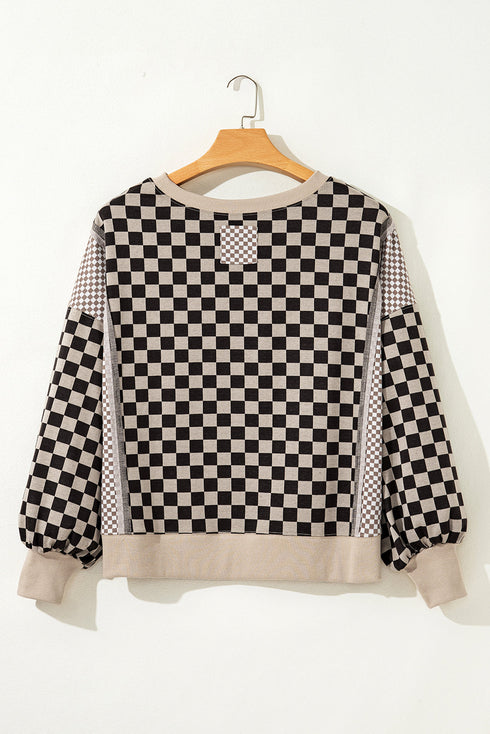 Mixed Checkered Patchwork High Low Long Sleeve Top