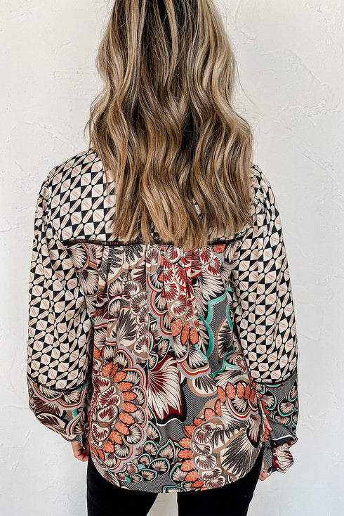 Mixed Floral And Geometric Print Ruffled Long Sleeve Blouse