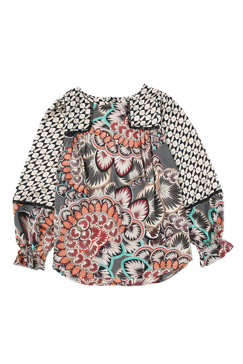 Mixed Floral And Geometric Print Ruffled Long Sleeve Blouse