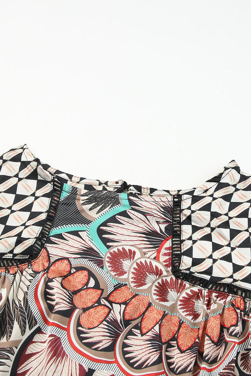 Mixed Floral And Geometric Print Ruffled Long Sleeve Blouse