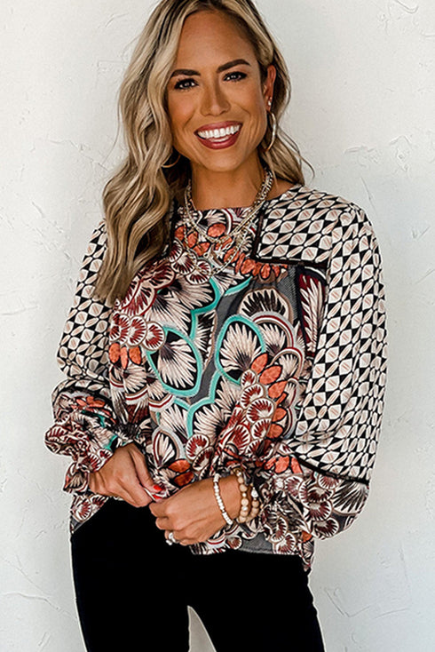 Mixed Floral And Geometric Print Ruffled Long Sleeve Blouse