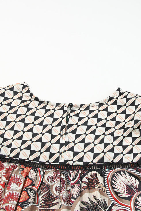 Mixed Floral And Geometric Print Ruffled Long Sleeve Blouse
