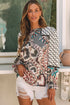 Mixed Floral And Geometric Print Ruffled Long Sleeve Blouse