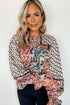 Mixed Floral And Geometric Print Ruffled Long Sleeve Blouse