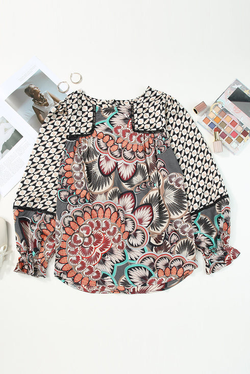 Mixed Floral And Geometric Print Ruffled Long Sleeve Blouse