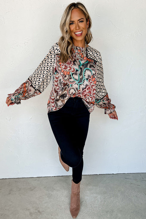 Mixed Floral And Geometric Print Ruffled Long Sleeve Blouse
