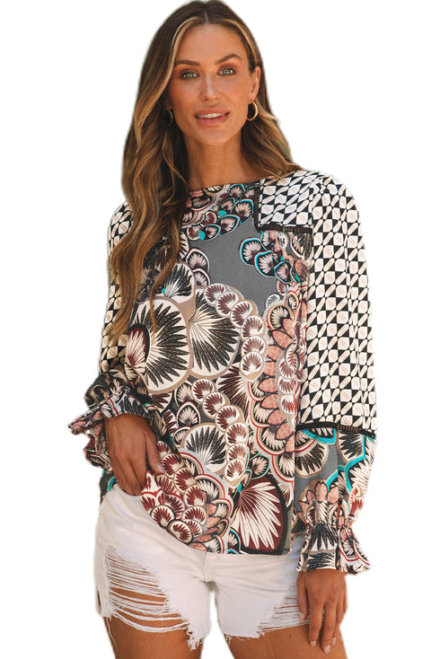 Mixed Floral And Geometric Print Ruffled Long Sleeve Blouse