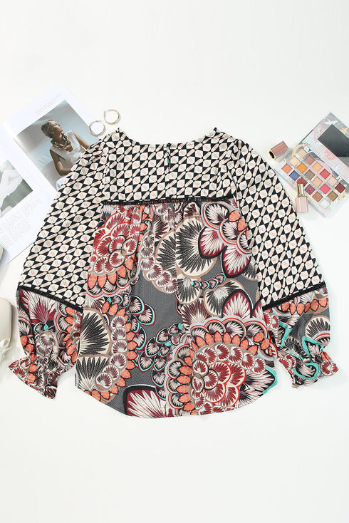 Mixed Floral And Geometric Print Ruffled Long Sleeve Blouse