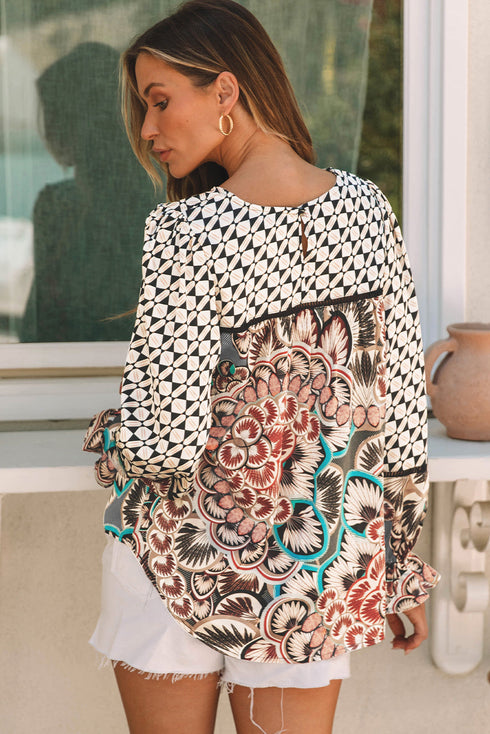 Mixed Floral And Geometric Print Ruffled Long Sleeve Blouse