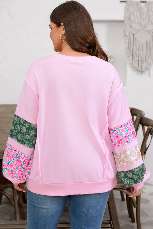 Mixed Floral Patched Sleeve Ribbed Trim Baggy Sweatshirt