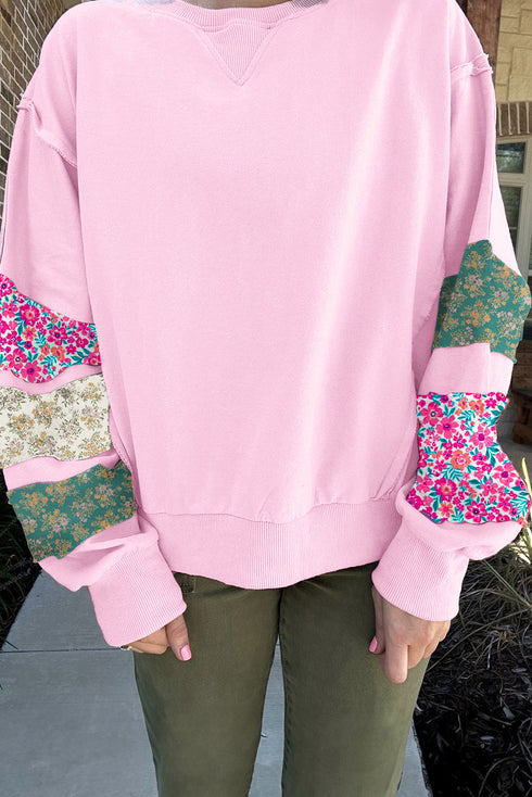 Mixed Floral Patched Sleeve Ribbed Trim Baggy Sweatshirt