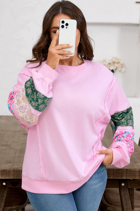 Mixed Floral Patched Sleeve Ribbed Trim Baggy Sweatshirt