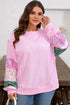 Mixed Floral Patched Sleeve Ribbed Trim Baggy Sweatshirt