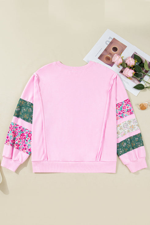 Mixed Floral Patched Sleeve Ribbed Trim Baggy Sweatshirt