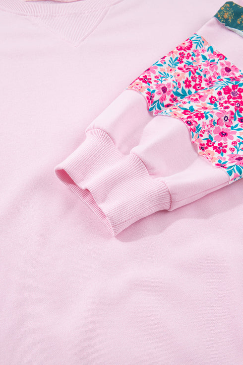 Mixed Floral Patched Sleeve Ribbed Trim Baggy Sweatshirt
