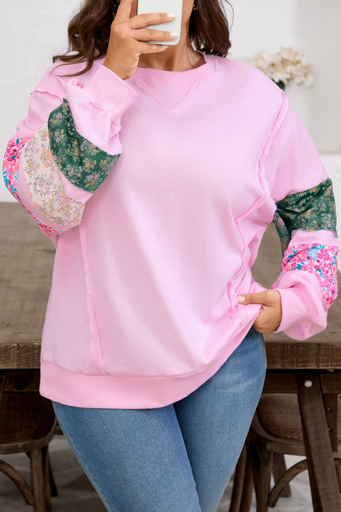 Mixed Floral Patched Sleeve Ribbed Trim Baggy Sweatshirt