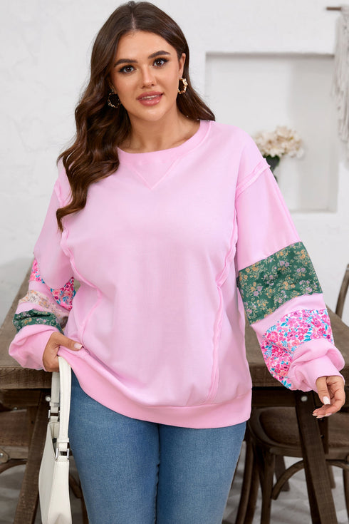 Mixed Floral Patched Sleeve Ribbed Trim Baggy Sweatshirt