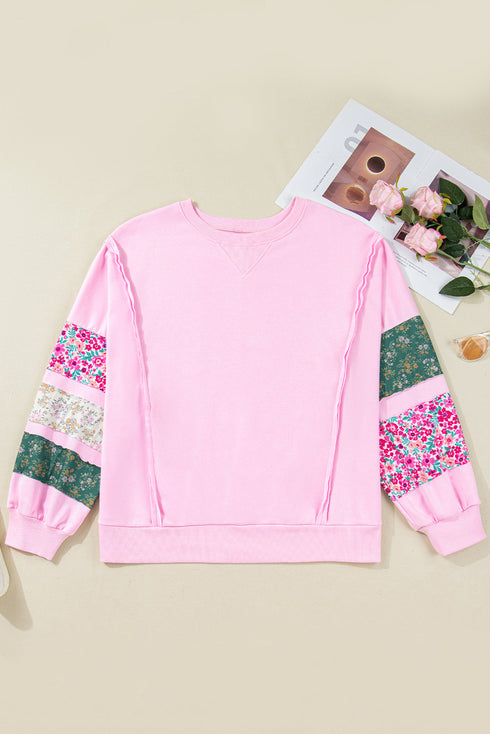 Mixed Floral Patched Sleeve Ribbed Trim Baggy Sweatshirt