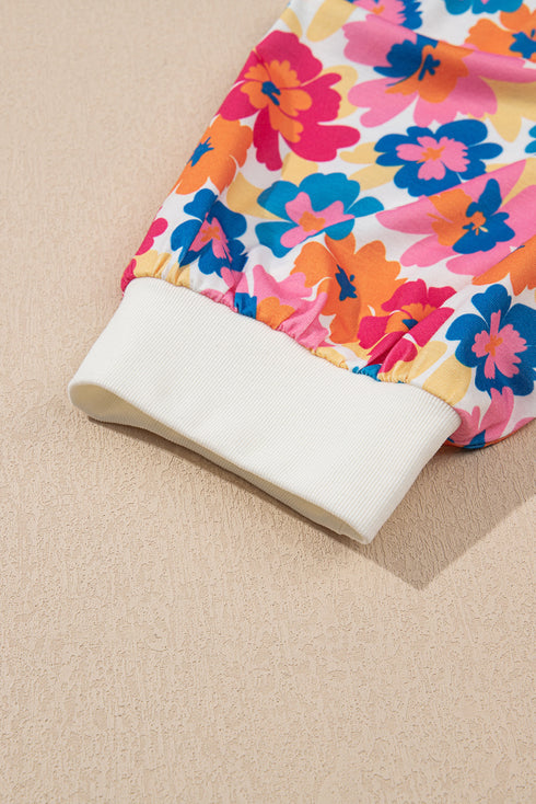 Mixed Floral Patchwork Puff Sleeve Round Neck Top