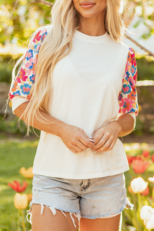 Mixed Floral Patchwork Puff Sleeve Round Neck Top