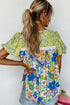 Mixed Floral Print Lace Trim Bubble Sleeve Blouse