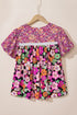 Mixed Floral Print Lace Trim Bubble Sleeve Blouse