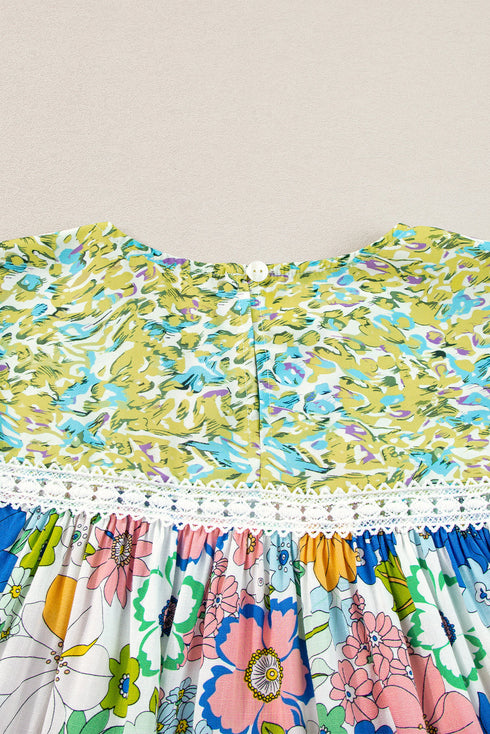 Mixed Floral Print Lace Trim Bubble Sleeve Blouse