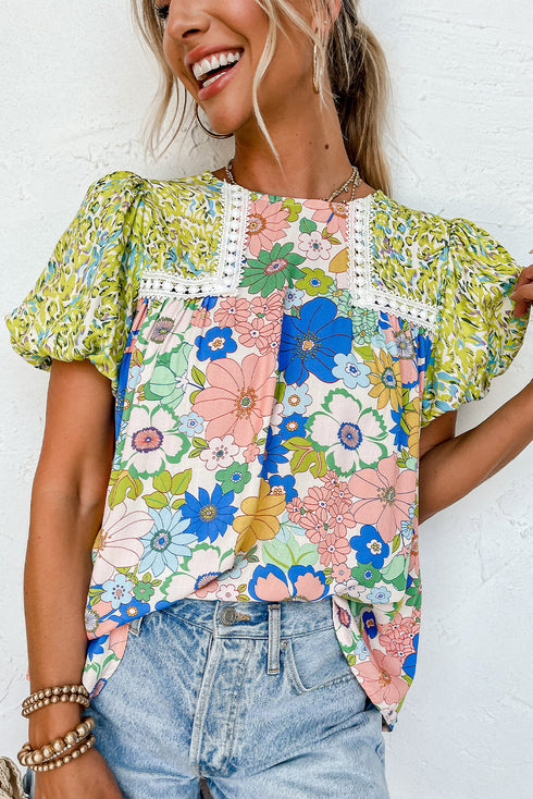 Mixed Floral Print Lace Trim Bubble Sleeve Blouse