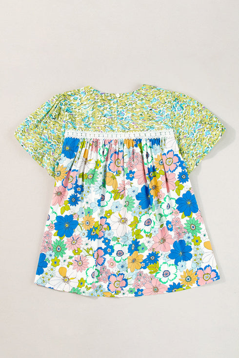 Mixed Floral Print Lace Trim Bubble Sleeve Blouse