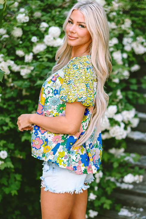 Mixed Floral Print Lace Trim Bubble Sleeve Blouse
