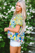 Mixed Floral Print Lace Trim Bubble Sleeve Blouse