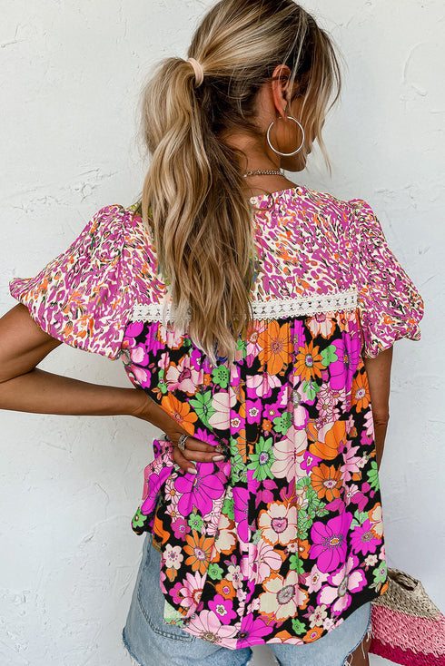 Mixed Floral Print Lace Trim Bubble Sleeve Blouse