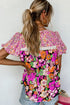 Mixed Floral Print Lace Trim Bubble Sleeve Blouse