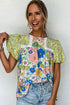 Mixed Floral Print Lace Trim Bubble Sleeve Blouse