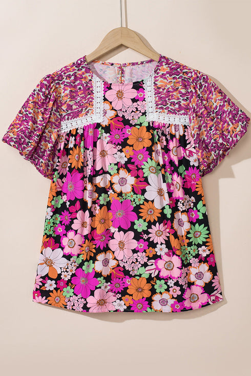 Mixed Floral Print Lace Trim Bubble Sleeve Blouse