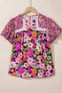 Mixed Floral Print Lace Trim Bubble Sleeve Blouse