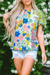 Mixed Floral Print Lace Trim Bubble Sleeve Blouse