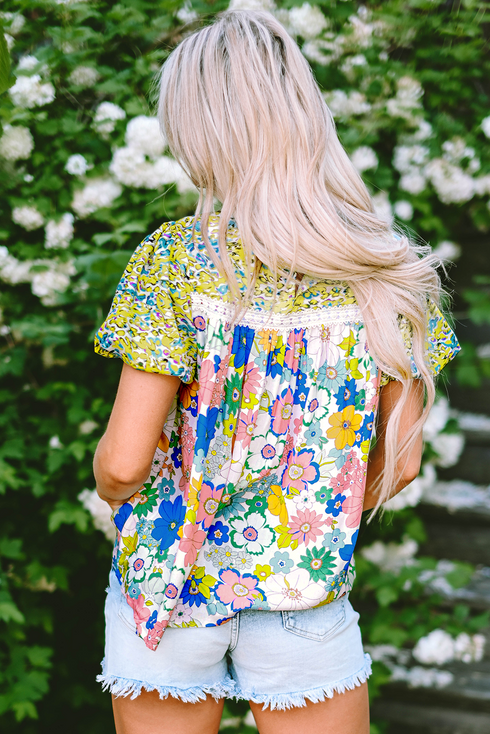 Mixed Floral Print Lace Trim Bubble Sleeve Blouse