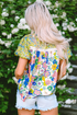 Mixed Floral Print Lace Trim Bubble Sleeve Blouse