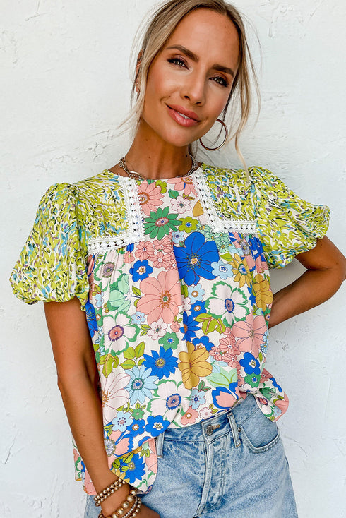 Mixed Floral Print Lace Trim Bubble Sleeve Blouse