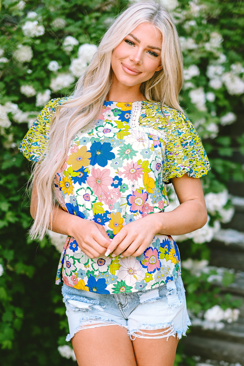 Mixed Floral Print Lace Trim Bubble Sleeve Blouse