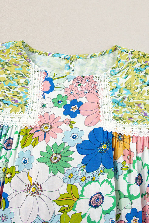 Mixed Floral Print Lace Trim Bubble Sleeve Blouse