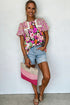 Mixed Floral Print Lace Trim Bubble Sleeve Blouse
